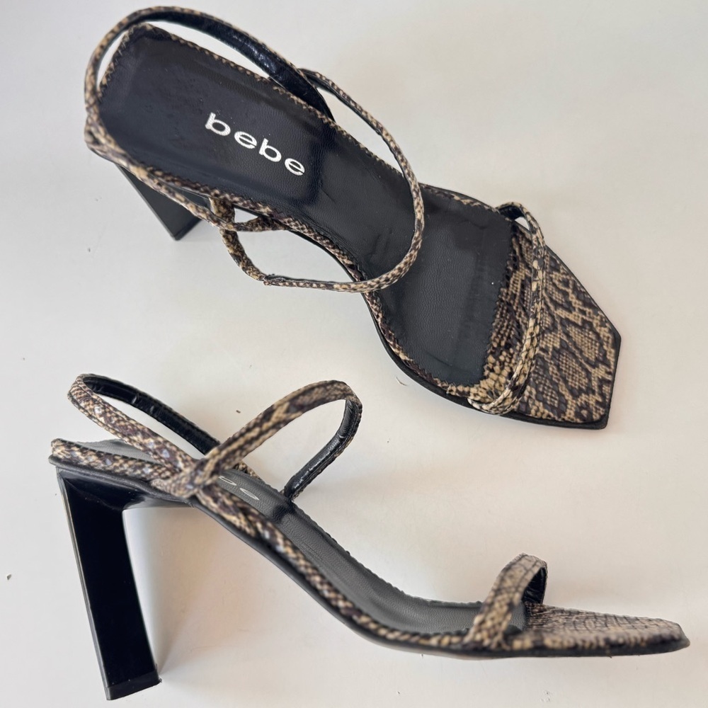 vintage 90s y2k bebe snakeskin print style black tan strap heel sandals shoes 7